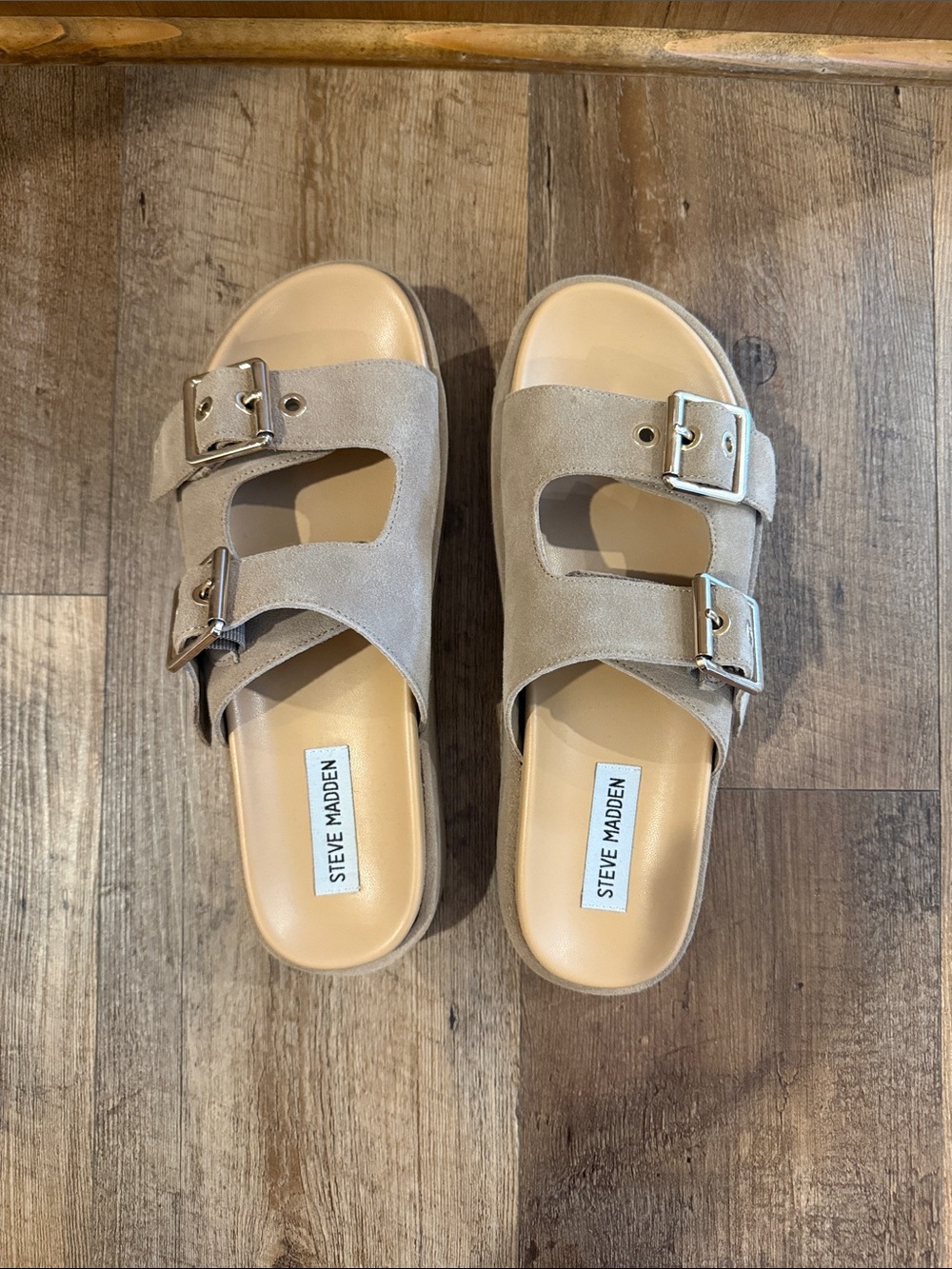Steve Madden Taupe Suede Double-Buckle Slide Sandals